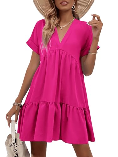Women's Roll Up Short Sleeve V Neck Ruffle Hem Solid Swing Smock Dress