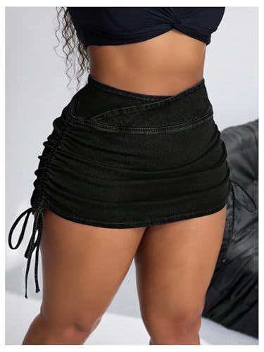 Women's Plus Size Drawstring Side Denim Mini Skirt High Waisted Ruched Bodycon Skirt