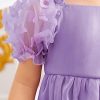 Girl's Cute Appliques Short Puff Sleeve Square Neck Dress Ruffle Trim Knee Length Dress