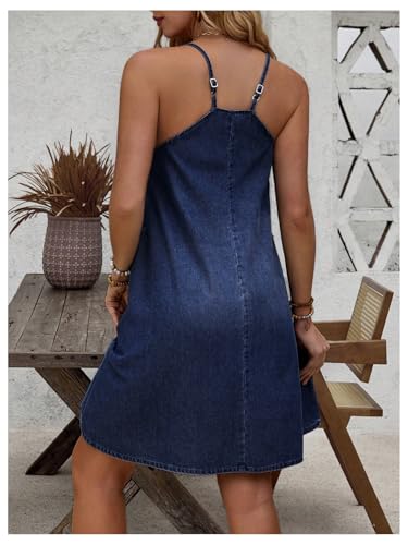 Women's Sleeveless Denim Cami Dress Scoop Neck Mini Dresses with Slant Pockets
