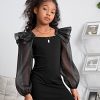 Girl's Mesh Ruffle Trim Layered Tie Back Lantern Sleeve Pencil Mini Dress