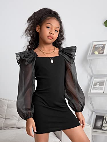 Girl's Mesh Ruffle Trim Layered Tie Back Lantern Sleeve Pencil Mini Dress