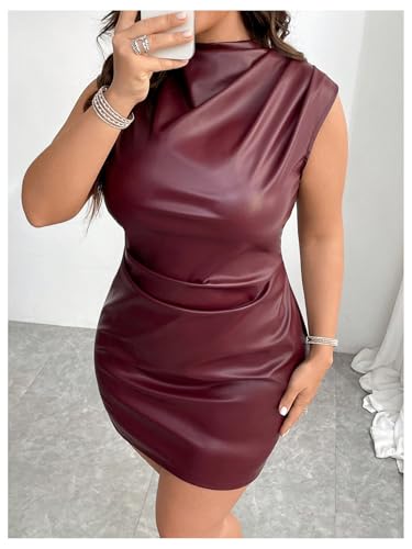 Women's Plus Size PU Leather Sleeveless Mini Dress Ruched Mock Neck Bodycon Dresses