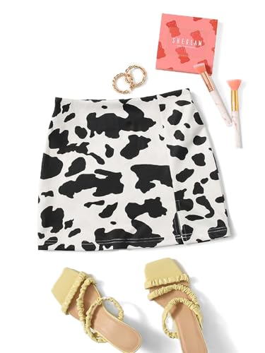 Girl's Cow Print Summer Split Hem High Waist Zipper Casual Short Skirt