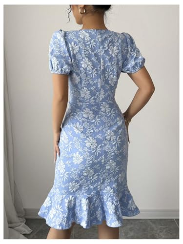 Women's Floral Fishtail Bodycon Dress Puff Sleeve Knee Length Cocktail Party Dresses