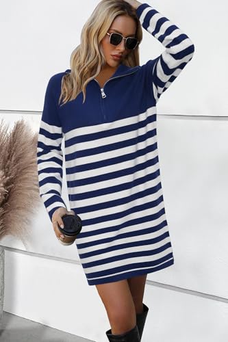 Women's Winter Sweater Dress 2024 Striped Long Sleeve Lapel Collar Chunky Knit Slouchy Oversized Sweaters