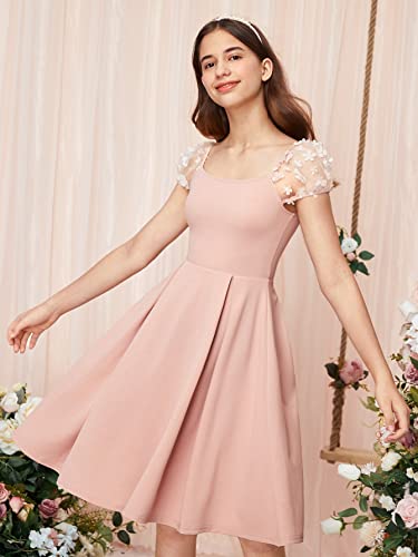 Girl's Appliques Mesh Puff Sleeve Square Neck Ruffle Hem Dress