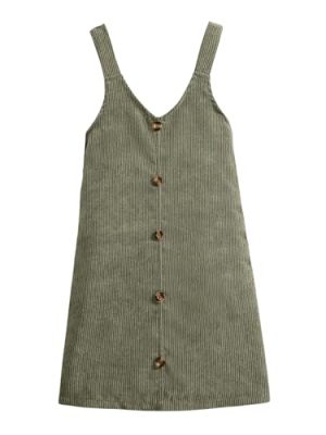Girl's Button Front V Neck Overall Dress Sleeveless Corduroy Pinafore Dresses
