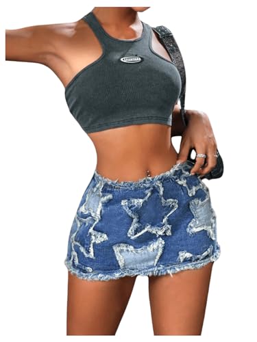 Women's Star Pattern Ripped Raw Hem Bodycon Pencil Skirts Slim Fit Y2K Cheeky Denim Hip Skirt