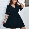Plus Size Casual Summer Dress for Women Swiss Dot Wrap V Neck Ruffle Sleeve Smock Boho Mini Dress