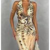 Women's Deep Cowl Neck Halter Dress Sleeveless Tie Backless Bodycon Animal Print Maxi Dress