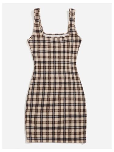Women's Plaid Sleeveless Bodycon Mini Dress Square Neck Pencil Tank Dress