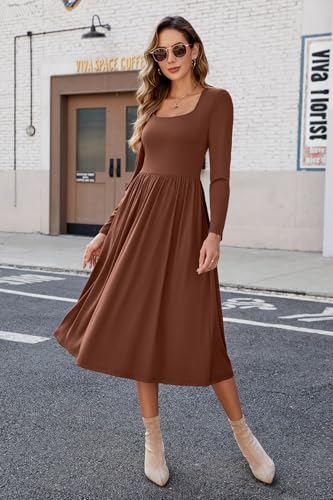 Women's Summer Square Neck Ribbed Knit Short/Long Sleeve A Line Flowy Midi Dress with Pockets