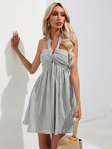 Women's Halter Tie Backless Smocked A Line Flowy Summer Vacation Mini Dress