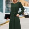 Womens Long Sleeve Casual Dresses 2025 Business Work Teacher Fall Church Belted A Line Flowy Midi Dress
