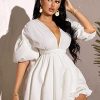 Women's Deep V Neck Puff Sleeve High Rise Flare Dress Elastic Waist Dress