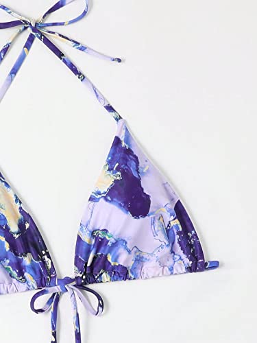 Women's 3 Piece Halter Triangle Bikini Marble Print Swimsuits and Coverup Skirt