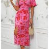 Women's Floral Print V Neck Ruffle Short Sleeve Dress Split A Line Long Dresses