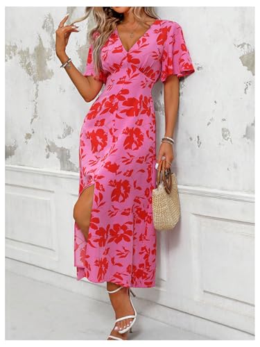 Women's Floral Print V Neck Ruffle Short Sleeve Dress Split A Line Long Dresses