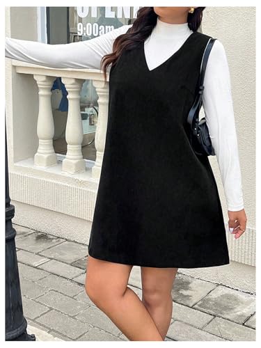 Women's Plus Size Corduroy V Neck Tank Overall Dress Sleeveless Loose Casual Short Dress