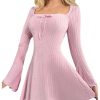 Women's Bell Long Mini Dress Bow Front Square Neck A Line Knit Dresses