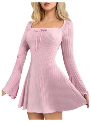 Women's Bell Long Mini Dress Bow Front Square Neck A Line Knit Dresses