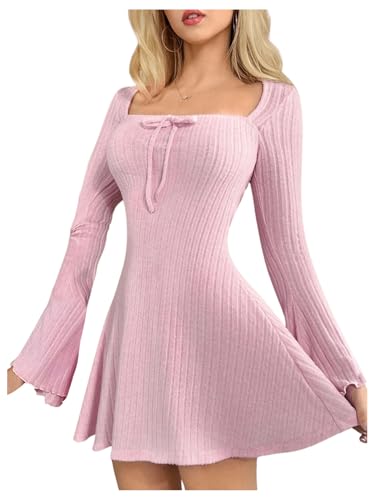 Women's Bell Long Mini Dress Bow Front Square Neck A Line Knit Dresses