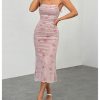 Women's Floral Print Ruched Sleeveless Cami Dress Fishtail Bodycon Midi Dress