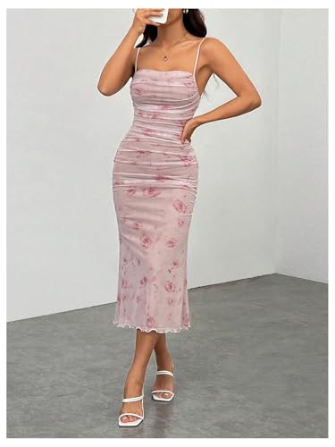 Women's Floral Print Ruched Sleeveless Cami Dress Fishtail Bodycon Midi Dress