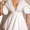 Women's Deep V Neck Puff Sleeve High Rise Flare Dress Elastic Waist Dress