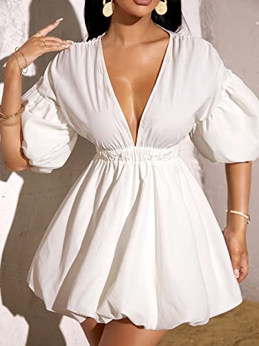Women's Deep V Neck Puff Sleeve High Rise Flare Dress Elastic Waist Dress