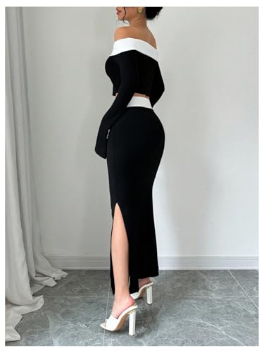 Women's 2 Piece Split Fishtail Skirt Set Monochrome Off Shoulder Top Outfit