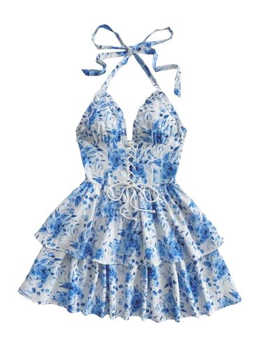 Women's Floral Layered Ruffle Halter Mini Dress Lace Up Tie Backless Deep V Neck A Line Dresses