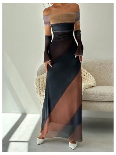 Women's Off Shoulder Long Bell Sleeve Dress Printed Ruched Dresses