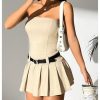Women's Petite Strapless Belted Tube Dress Sleeveless Pleated A Line Mini Dresses