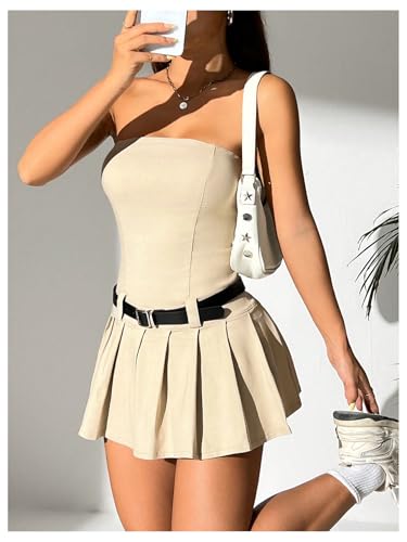 Women's Petite Strapless Belted Tube Dress Sleeveless Pleated A Line Mini Dresses