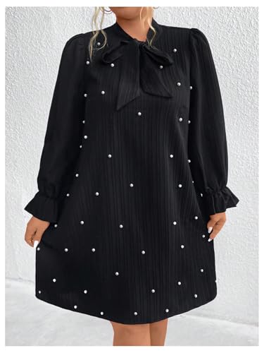 Women's Plus Size Pearl Beaded Tie Neck Long Sleeve Casual Work Short Dress