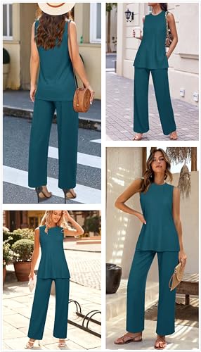 Womens Summer 2 Piece Outfits Ribbed Knit Tank Tops Wide Leg Pants Lounge Set Matching Tracksuit 2024 Spring Fashion