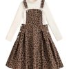 Girl's Leopard Print Corduroy Pinafore Dress Sleeveless Short Overall Dresses