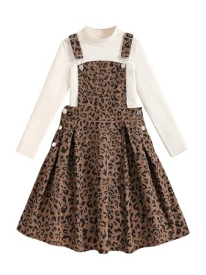 Girl's Leopard Print Corduroy Pinafore Dress Sleeveless Short Overall Dresses