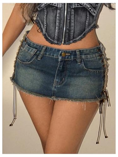 Women's Lace Up Side Bodycon Denim Mini Skirt Y2k Low Rise Frayed Hem Jean Skirts