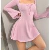 Women's Bell Long Mini Dress Bow Front Square Neck A Line Knit Dresses