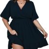Plus Size Casual Summer Dress for Women Swiss Dot Wrap V Neck Ruffle Sleeve Smock Boho Mini Dress