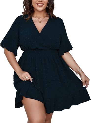 Plus Size Casual Summer Dress for Women Swiss Dot Wrap V Neck Ruffle Sleeve Smock Boho Mini Dress