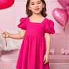 Toddler Girl's Square Neck Short Puff Sleeve A Line Flared Tie Back Cute Mini Dress