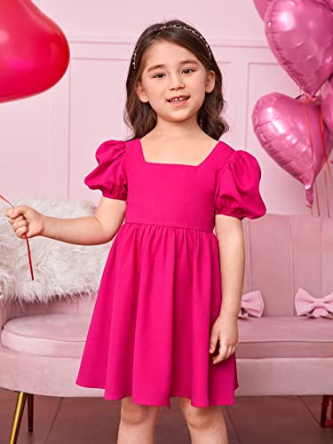 Toddler Girl's Square Neck Short Puff Sleeve A Line Flared Tie Back Cute Mini Dress