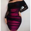 Women's Plus Size Off Shoulder Ruched Bodycon Dress Long Sleeve Mesh Mini Pencil Dresses