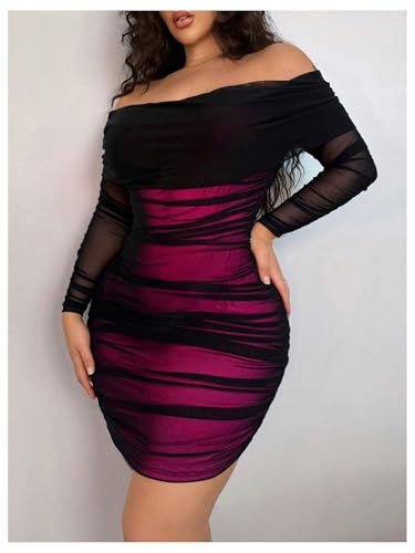 Women's Plus Size Off Shoulder Ruched Bodycon Dress Long Sleeve Mesh Mini Pencil Dresses