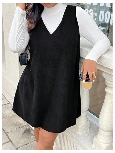 Women's Plus Size Corduroy V Neck Tank Overall Dress Sleeveless Loose Casual Short Dress