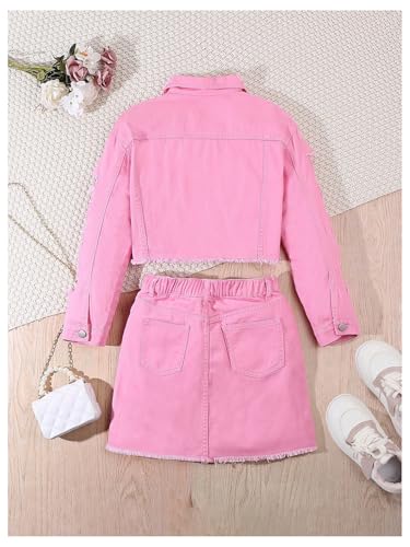 Girl's 2 Piece Outfits Ripped Button Down Jacket Elastic Waist Denim Skirt Set